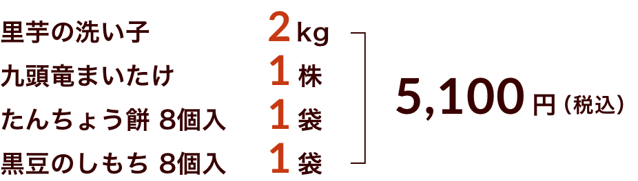 里芋の洗い子2kg+九頭竜まいたけ1株+たんちょう餅8個入1袋+黒豆のし餅8個入1袋 5100円